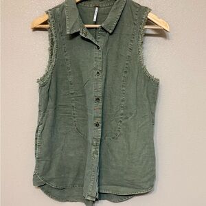 Free People Green Denim Sleeveless Button Down Shirt